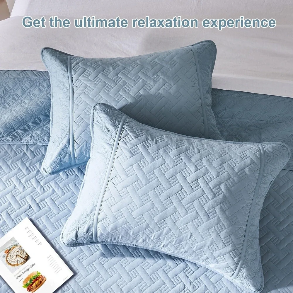 Quilt Set, 3 Piece Soft Basket Weave Sage Green Bedspread King Light Blue